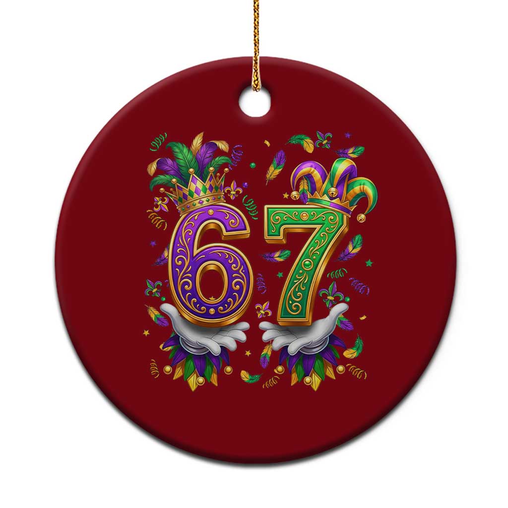 Funny 67 Mardi Gras Ceramic Ornament Six Seven Meme Carnival Hand Gesture