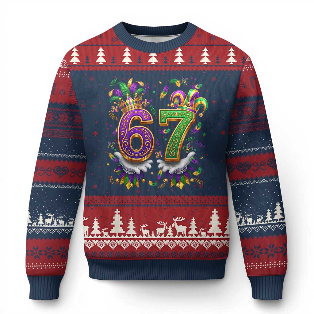 Funny 67 Mardi Gras Ugly Christmas Sweater Six Seven Meme Carnival Hand Gesture