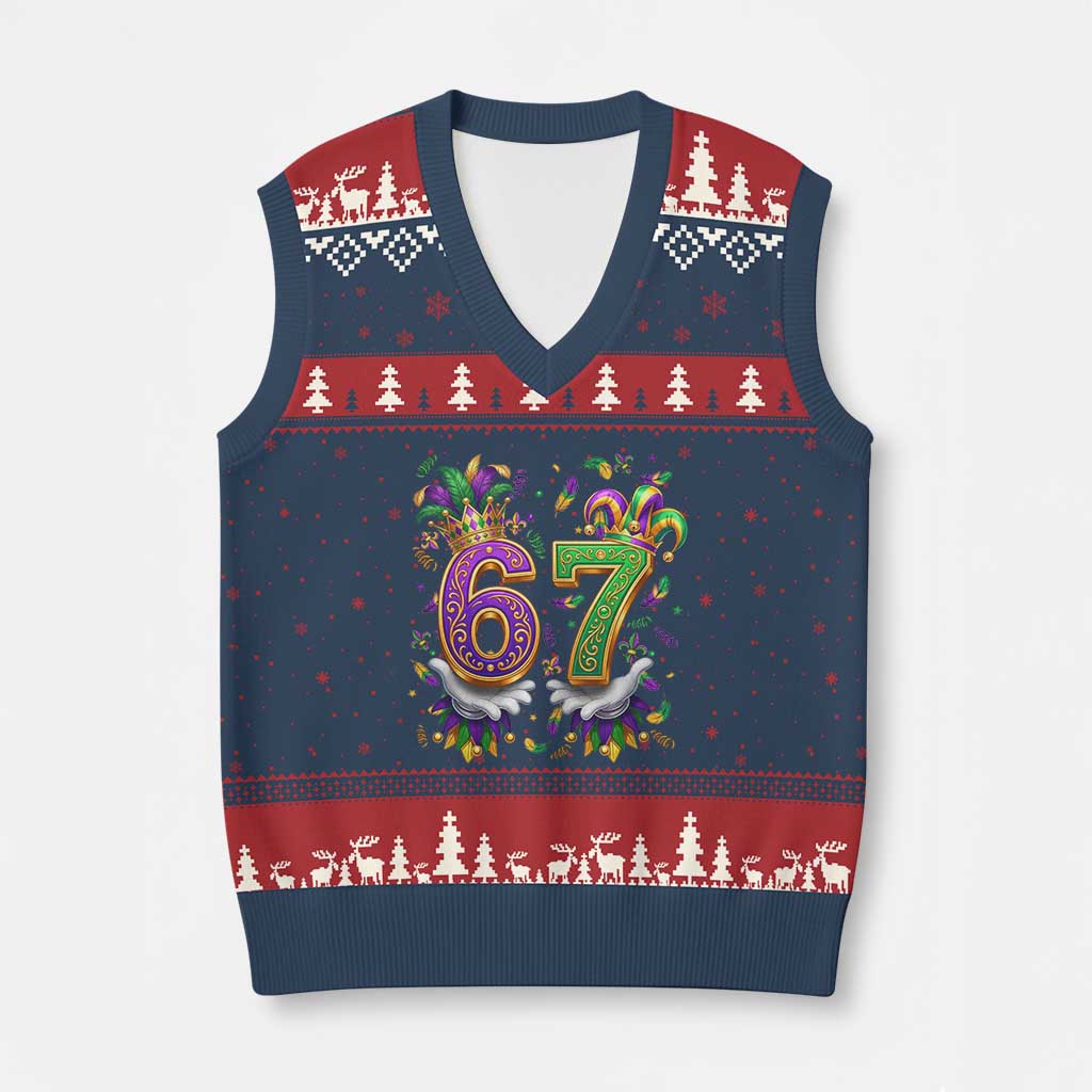 Funny 67 Mardi Gras V-Neck Knit Sweater Vest Six Seven Meme Carnival Hand Gesture