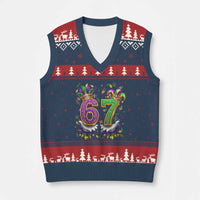 Funny 67 Mardi Gras V-Neck Knit Sweater Vest Six Seven Meme Carnival Hand Gesture