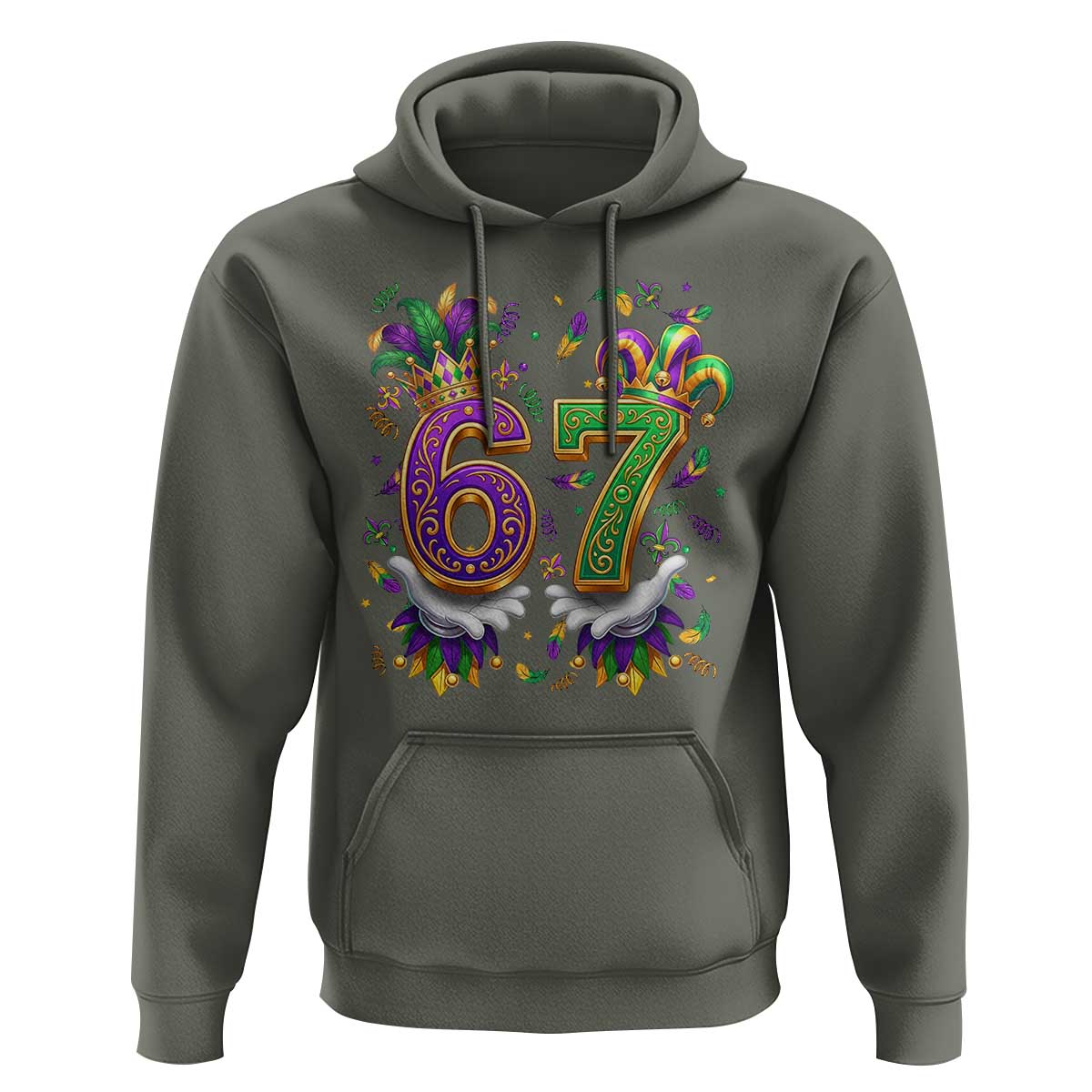 Funny 67 Mardi Gras Hoodie Six Seven Meme Carnival Hand Gesture