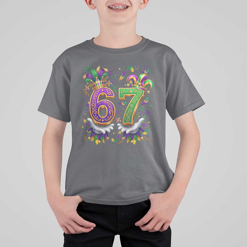 Funny 67 Mardi Gras T Shirt For Kid Six Seven Meme Carnival Hand Gesture