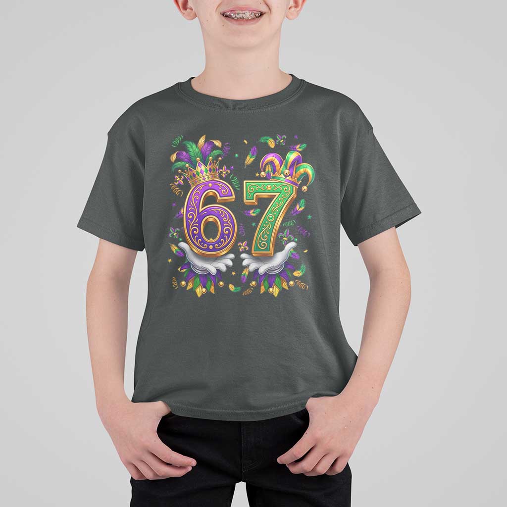 Funny 67 Mardi Gras T Shirt For Kid Six Seven Meme Carnival Hand Gesture