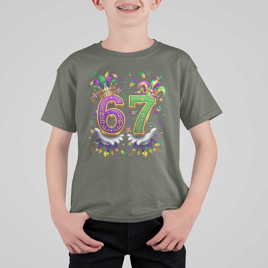 Funny 67 Mardi Gras T Shirt For Kid Six Seven Meme Carnival Hand Gesture