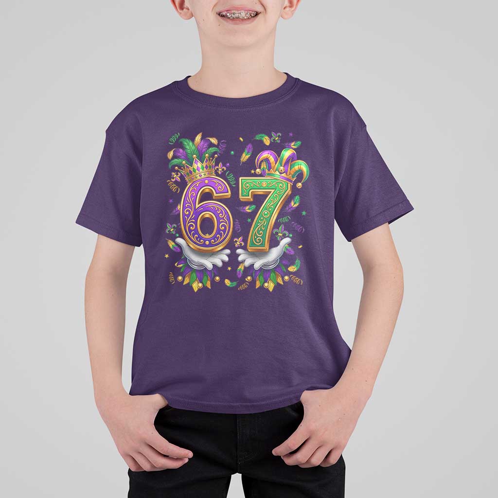 Funny 67 Mardi Gras T Shirt For Kid Six Seven Meme Carnival Hand Gesture