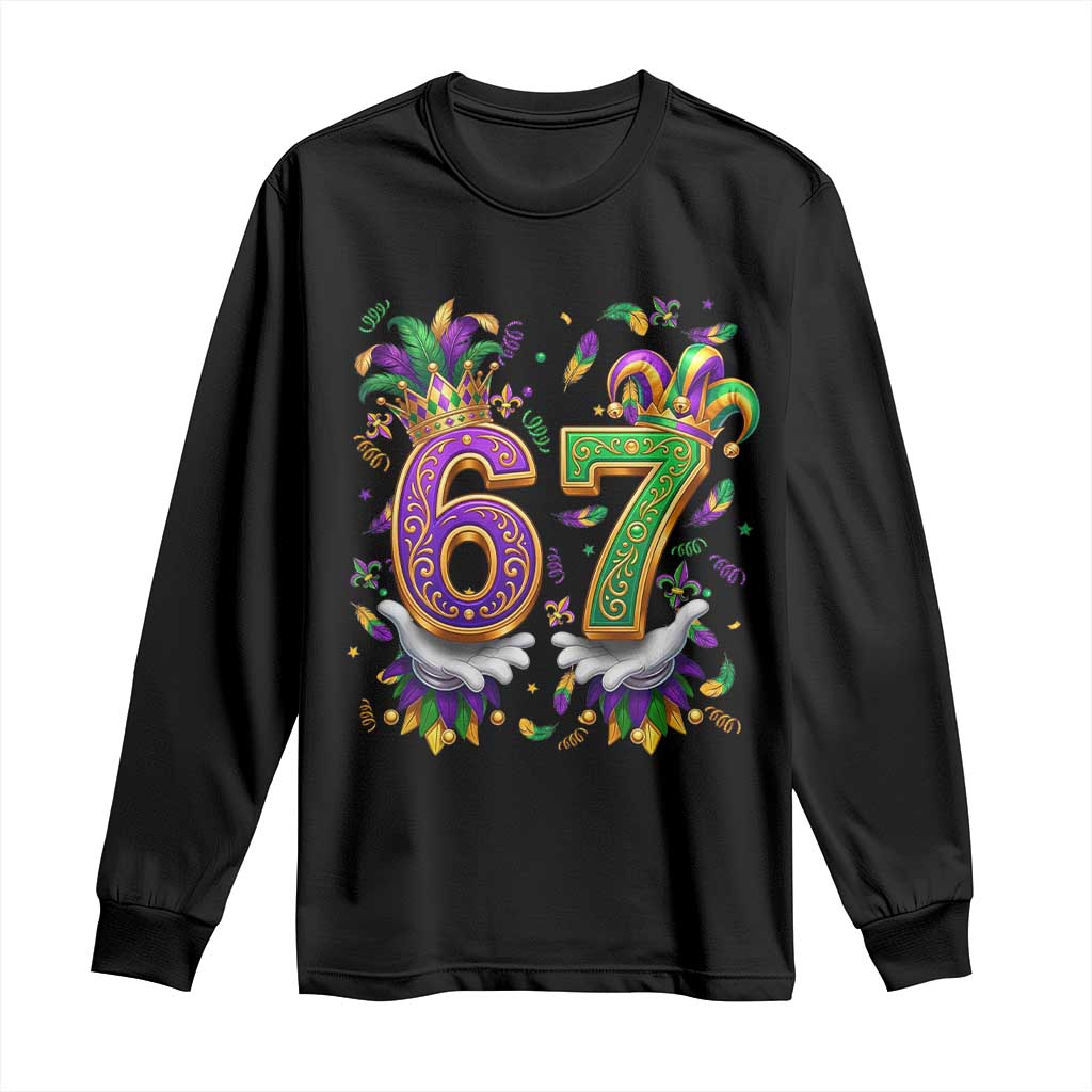 Funny 67 Mardi Gras Long Sleeve Shirt Six Seven Meme Carnival Hand Gesture