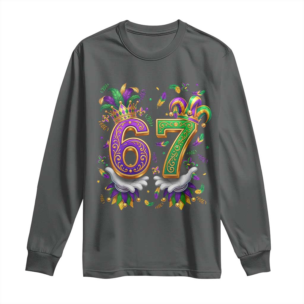 Funny 67 Mardi Gras Long Sleeve Shirt Six Seven Meme Carnival Hand Gesture