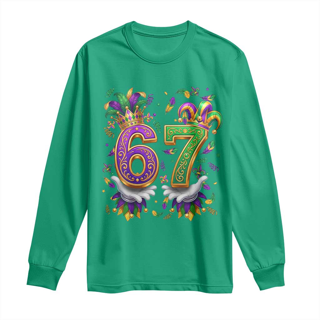 Funny 67 Mardi Gras Long Sleeve Shirt Six Seven Meme Carnival Hand Gesture