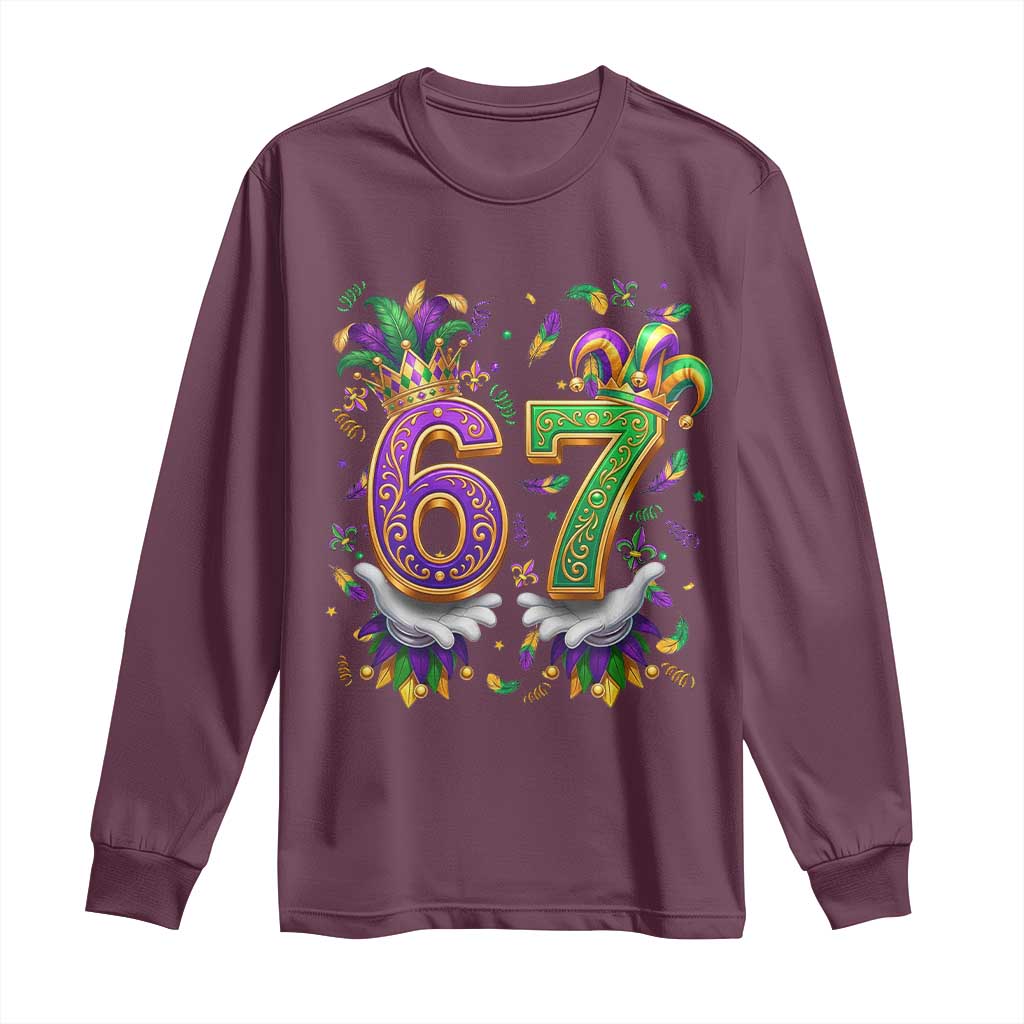 Funny 67 Mardi Gras Long Sleeve Shirt Six Seven Meme Carnival Hand Gesture
