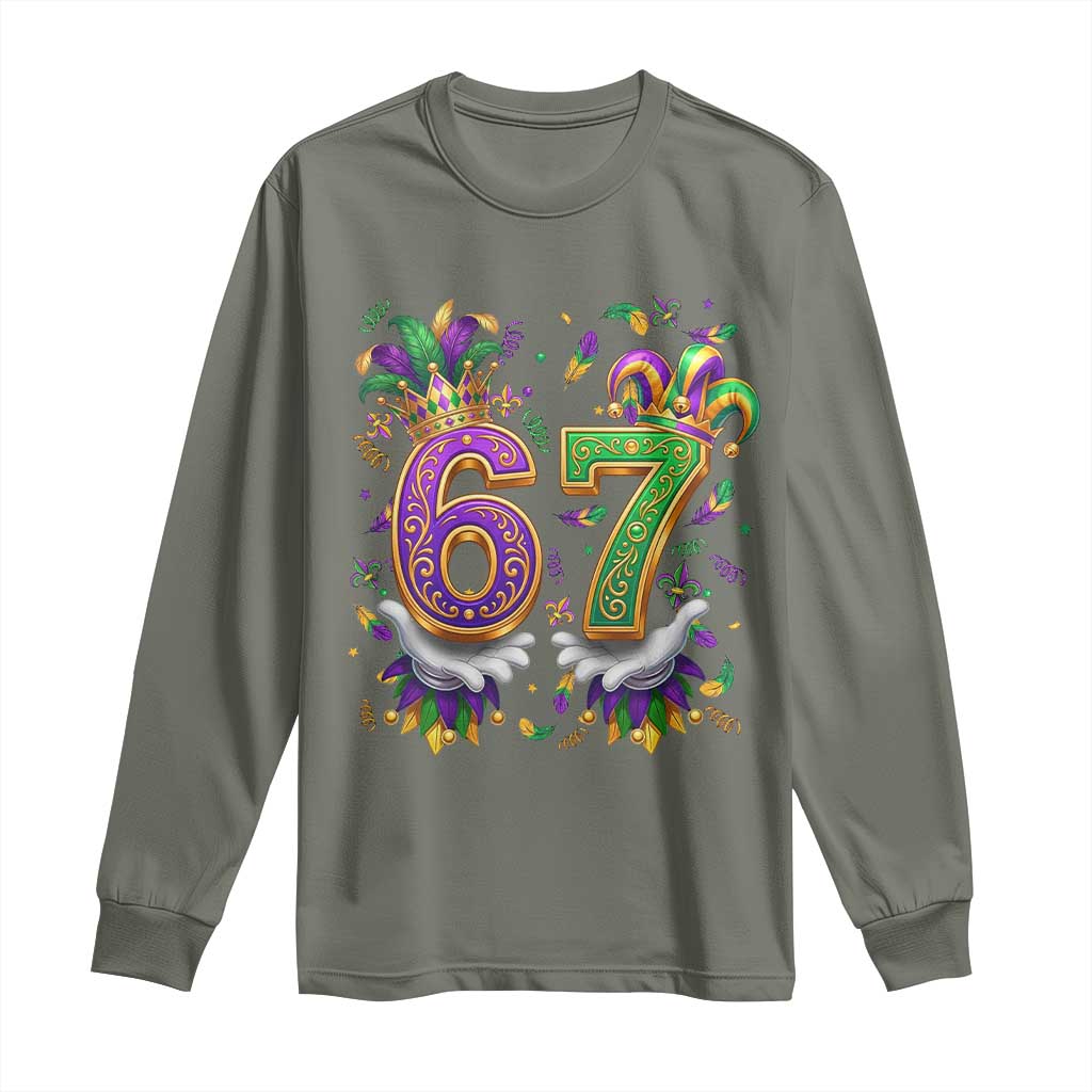Funny 67 Mardi Gras Long Sleeve Shirt Six Seven Meme Carnival Hand Gesture