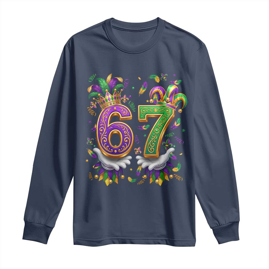 Funny 67 Mardi Gras Long Sleeve Shirt Six Seven Meme Carnival Hand Gesture