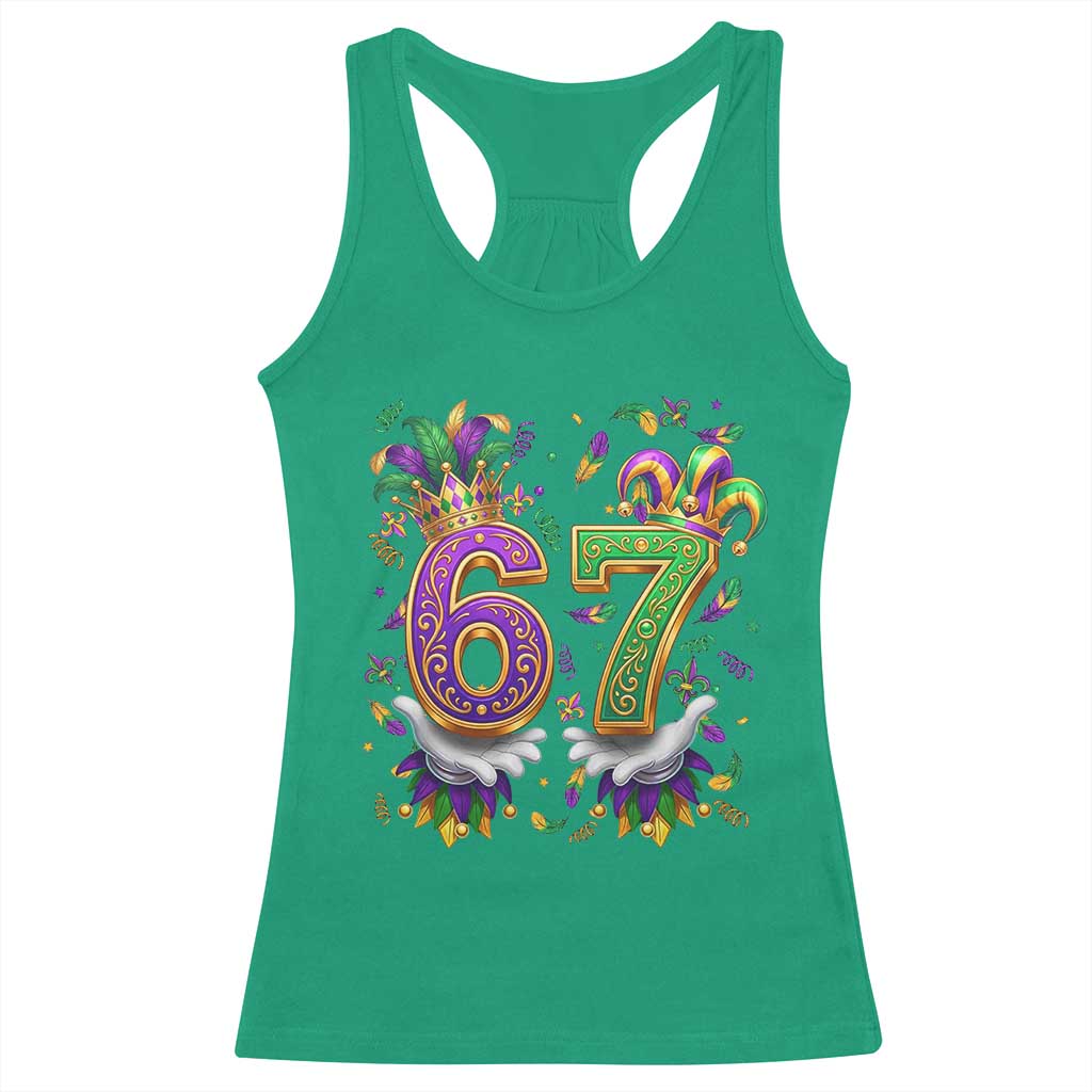 Funny 67 Mardi Gras Racerback Tank Top Six Seven Meme Carnival Hand Gesture