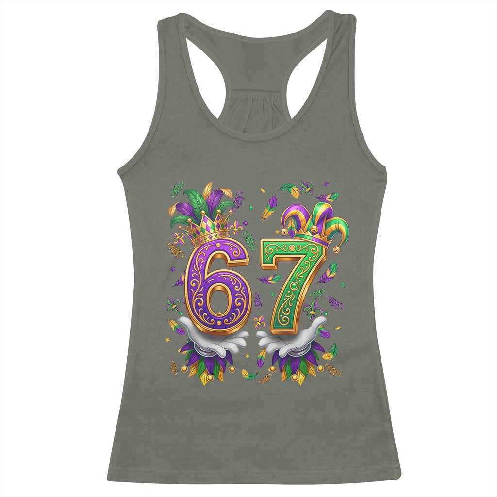 Funny 67 Mardi Gras Racerback Tank Top Six Seven Meme Carnival Hand Gesture
