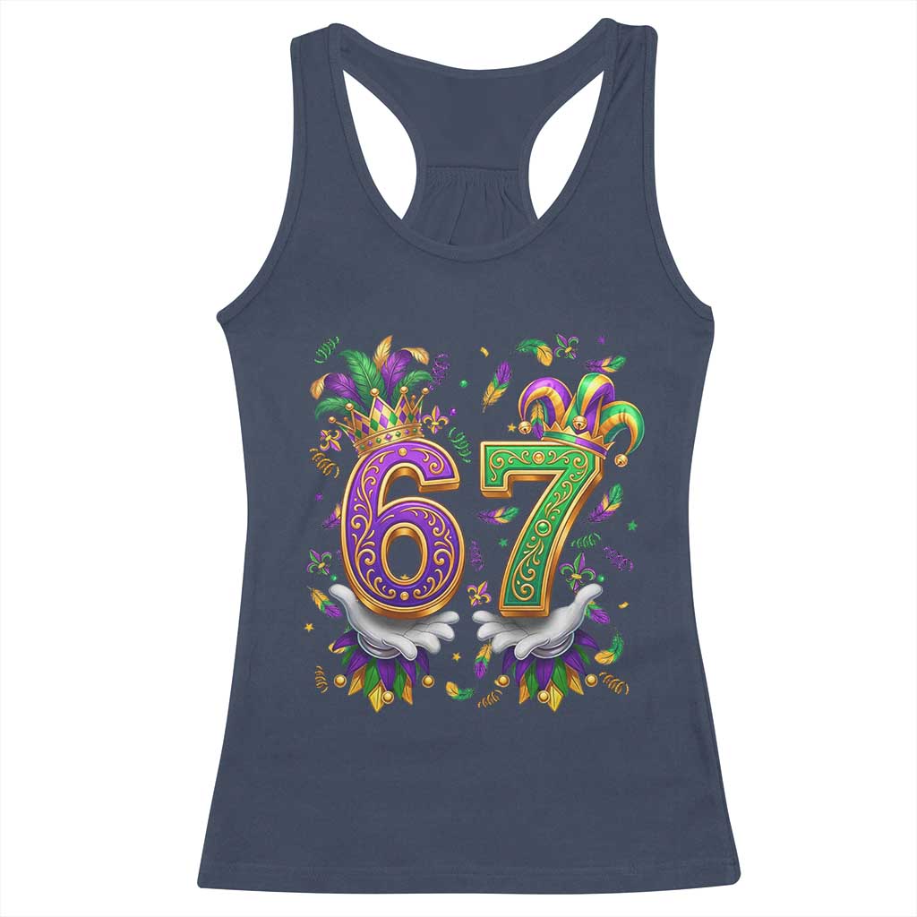 Funny 67 Mardi Gras Racerback Tank Top Six Seven Meme Carnival Hand Gesture