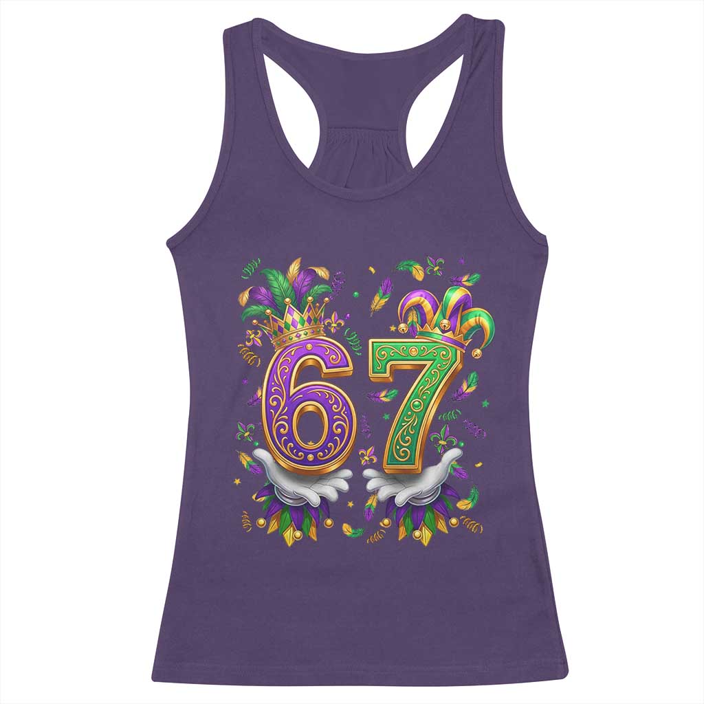 Funny 67 Mardi Gras Racerback Tank Top Six Seven Meme Carnival Hand Gesture