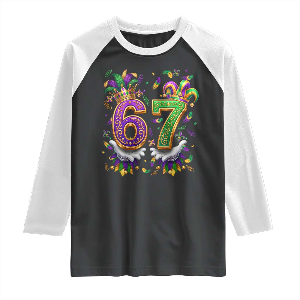 Funny 67 Mardi Gras Raglan Shirt Six Seven Meme Carnival Hand Gesture