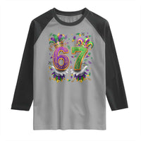 Funny 67 Mardi Gras Raglan Shirt Six Seven Meme Carnival Hand Gesture