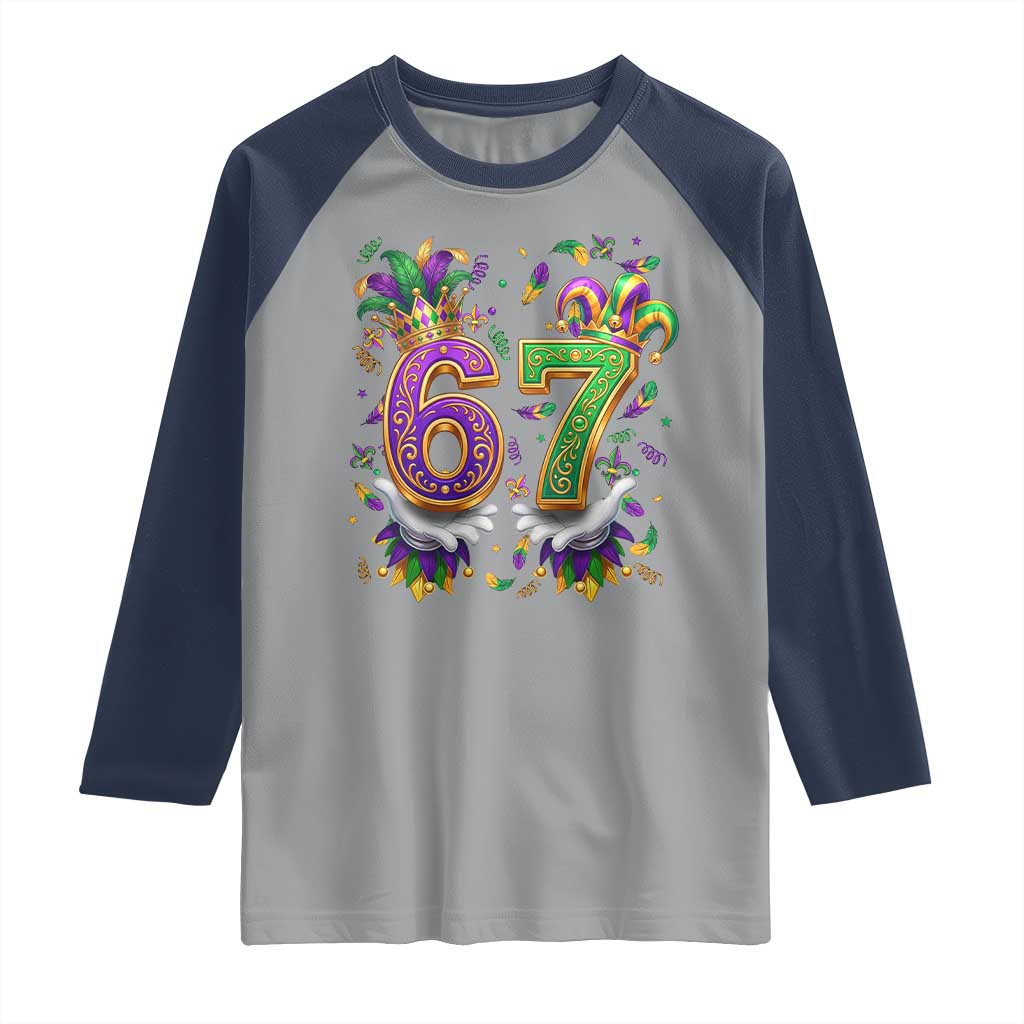 Funny 67 Mardi Gras Raglan Shirt Six Seven Meme Carnival Hand Gesture