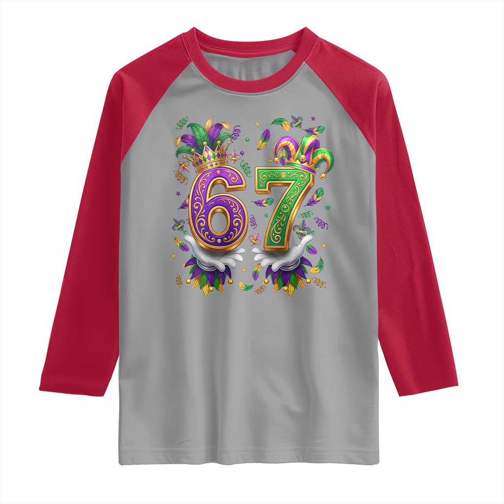 Funny 67 Mardi Gras Raglan Shirt Six Seven Meme Carnival Hand Gesture