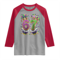 Funny 67 Mardi Gras Raglan Shirt Six Seven Meme Carnival Hand Gesture