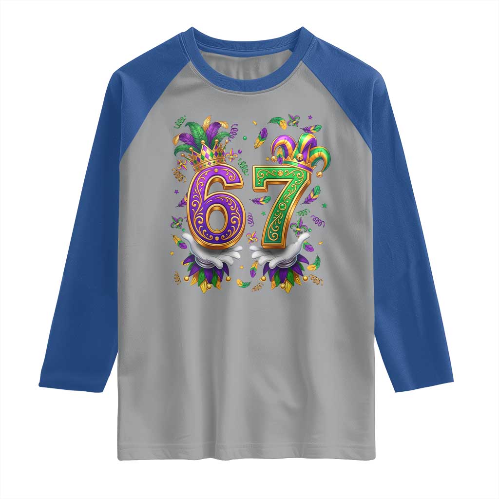 Funny 67 Mardi Gras Raglan Shirt Six Seven Meme Carnival Hand Gesture