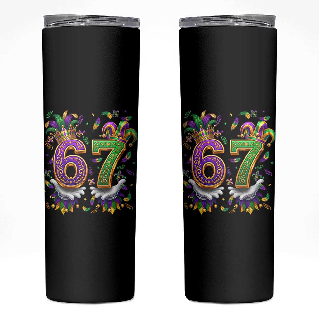 Funny 67 Mardi Gras Skinny Tumbler Six Seven Meme Carnival Hand Gesture