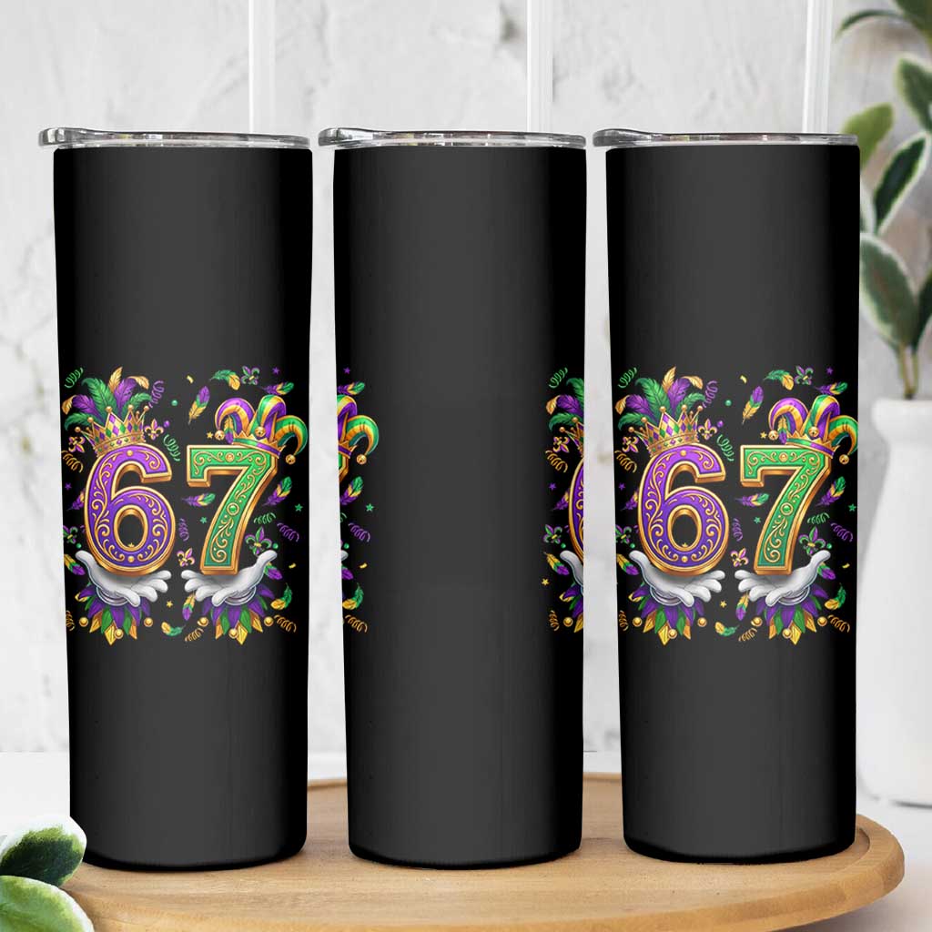 Funny 67 Mardi Gras Skinny Tumbler Six Seven Meme Carnival Hand Gesture