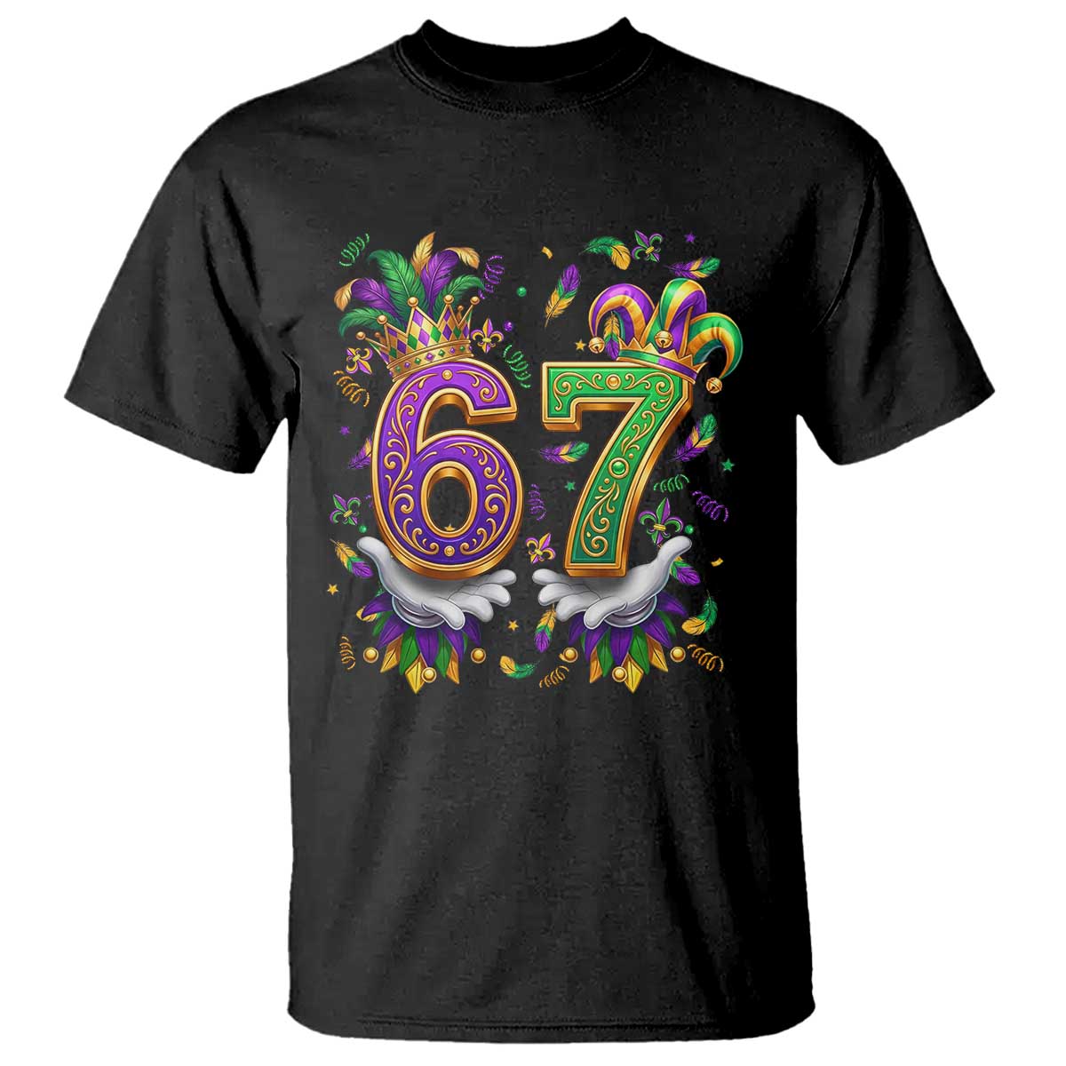 Funny 67 Mardi Gras T Shirt Six Seven Meme Carnival Hand Gesture