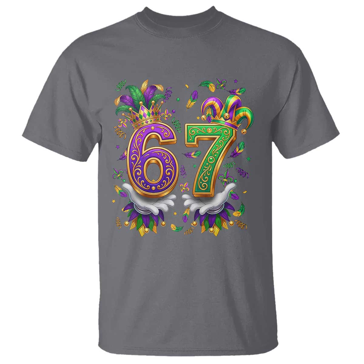 Funny 67 Mardi Gras T Shirt Six Seven Meme Carnival Hand Gesture