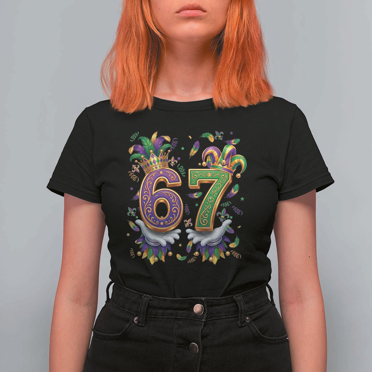 Funny 67 Mardi Gras T Shirt For Women Six Seven Meme Carnival Hand Gesture