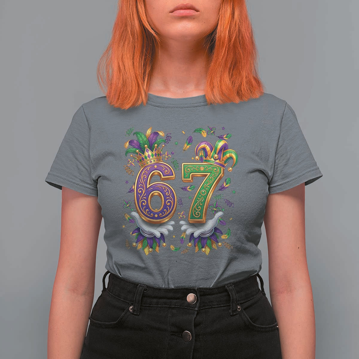 Funny 67 Mardi Gras T Shirt For Women Six Seven Meme Carnival Hand Gesture