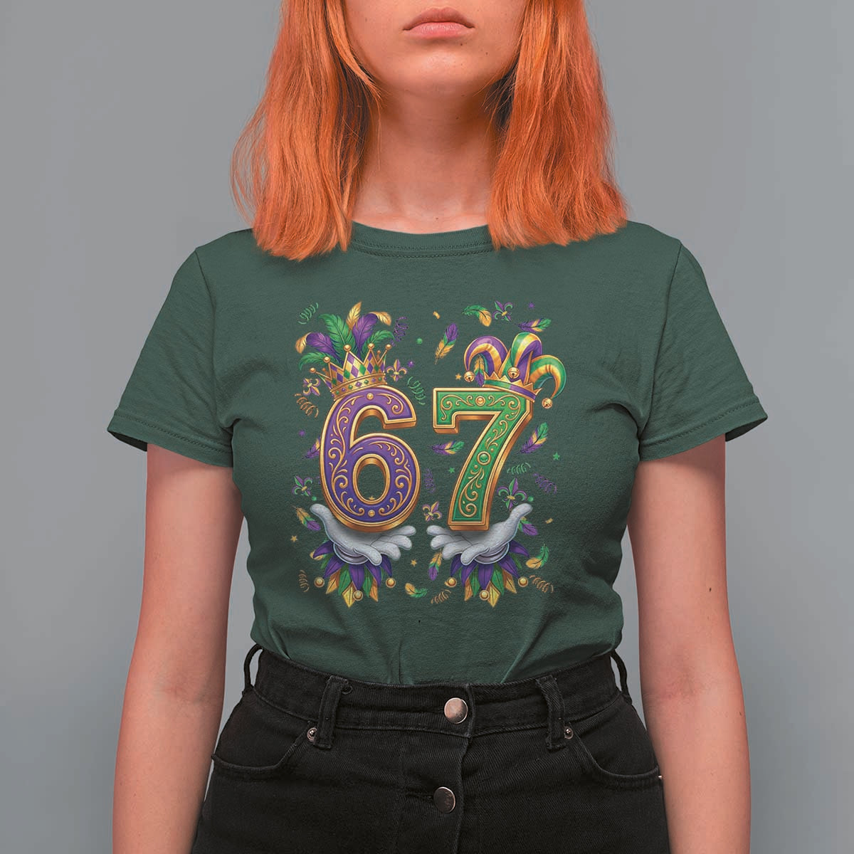 Funny 67 Mardi Gras T Shirt For Women Six Seven Meme Carnival Hand Gesture