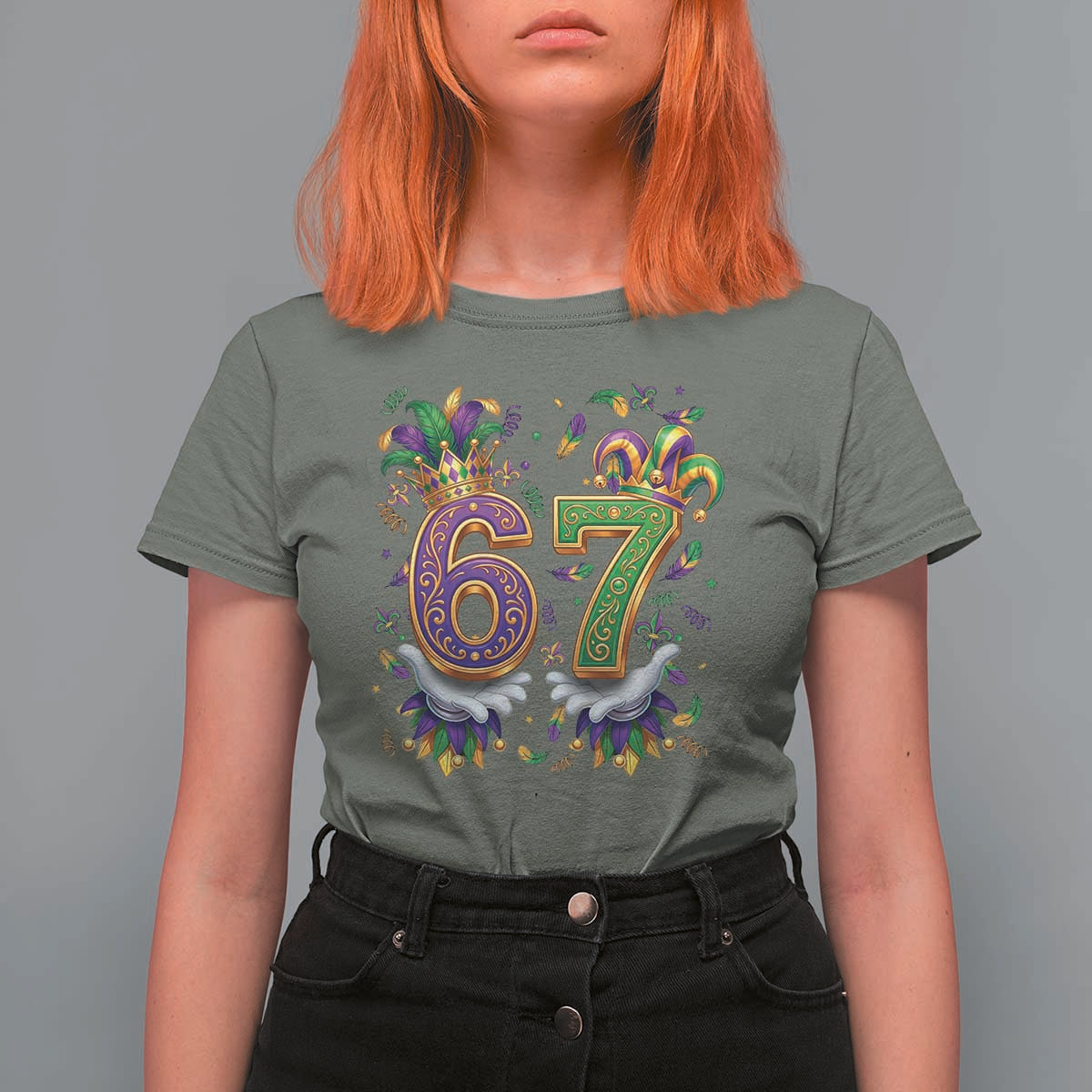 Funny 67 Mardi Gras T Shirt For Women Six Seven Meme Carnival Hand Gesture