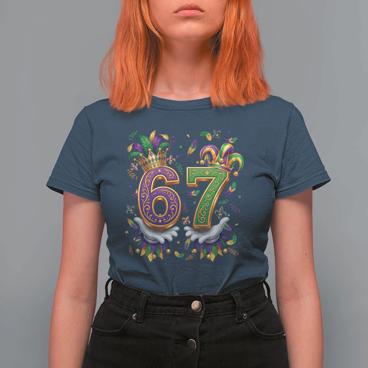 Funny 67 Mardi Gras T Shirt For Women Six Seven Meme Carnival Hand Gesture