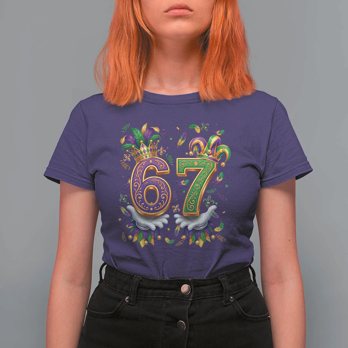 Funny 67 Mardi Gras T Shirt For Women Six Seven Meme Carnival Hand Gesture