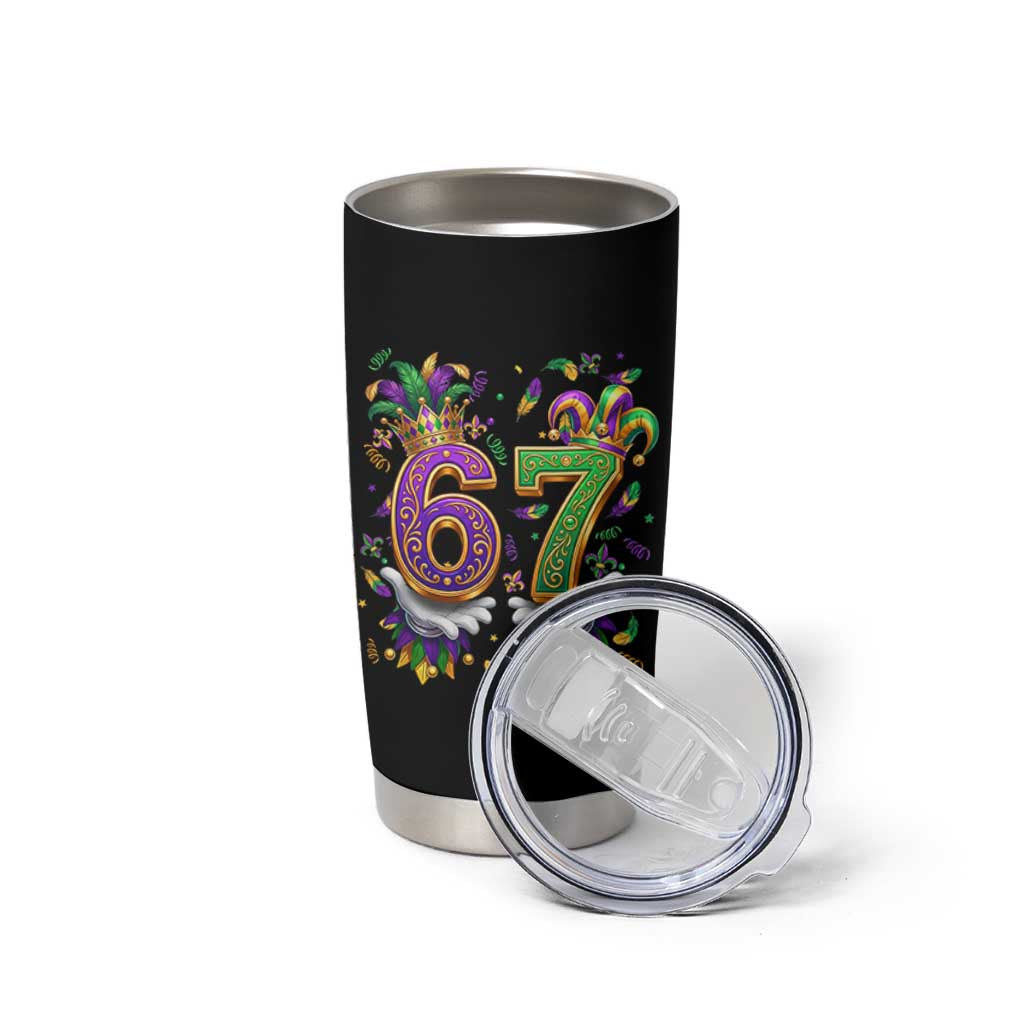 Funny 67 Mardi Gras Tumbler Cup Six Seven Meme Carnival Hand Gesture