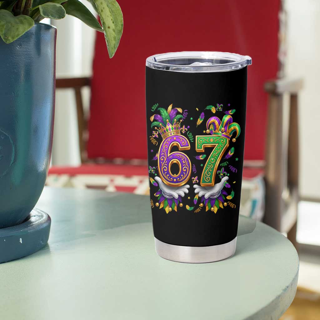 Funny 67 Mardi Gras Tumbler Cup Six Seven Meme Carnival Hand Gesture