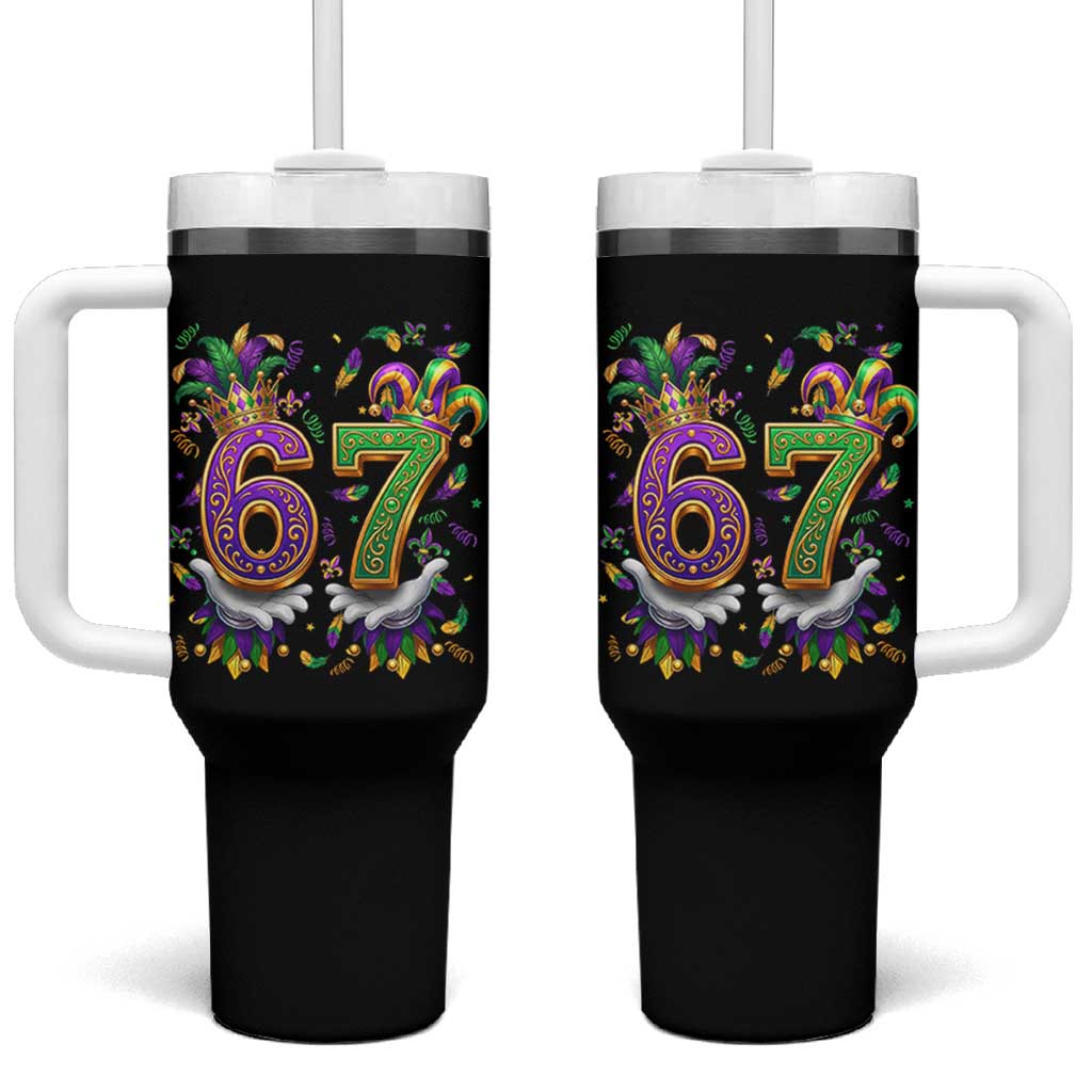 Funny 67 Mardi Gras Tumbler With Handle Six Seven Meme Carnival Hand Gesture
