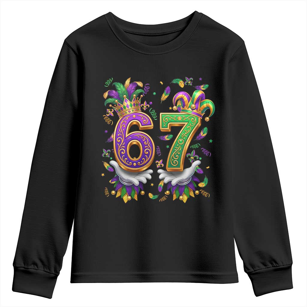 Funny 67 Mardi Gras Youth Sweatshirt Six Seven Meme Carnival Hand Gesture