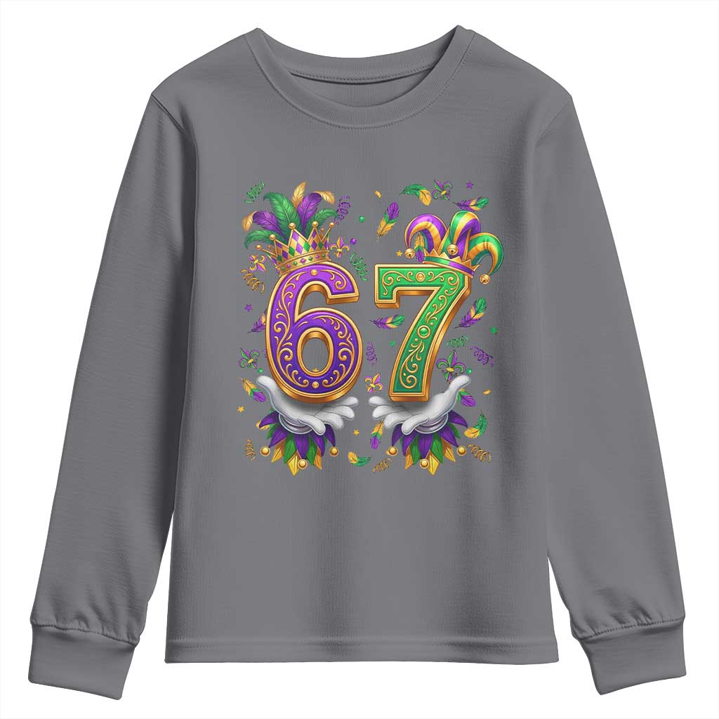 Funny 67 Mardi Gras Youth Sweatshirt Six Seven Meme Carnival Hand Gesture