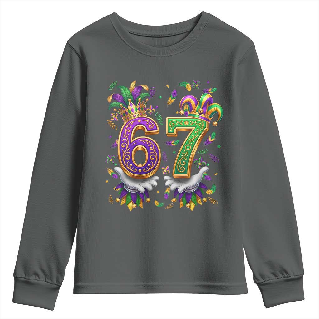 Funny 67 Mardi Gras Youth Sweatshirt Six Seven Meme Carnival Hand Gesture