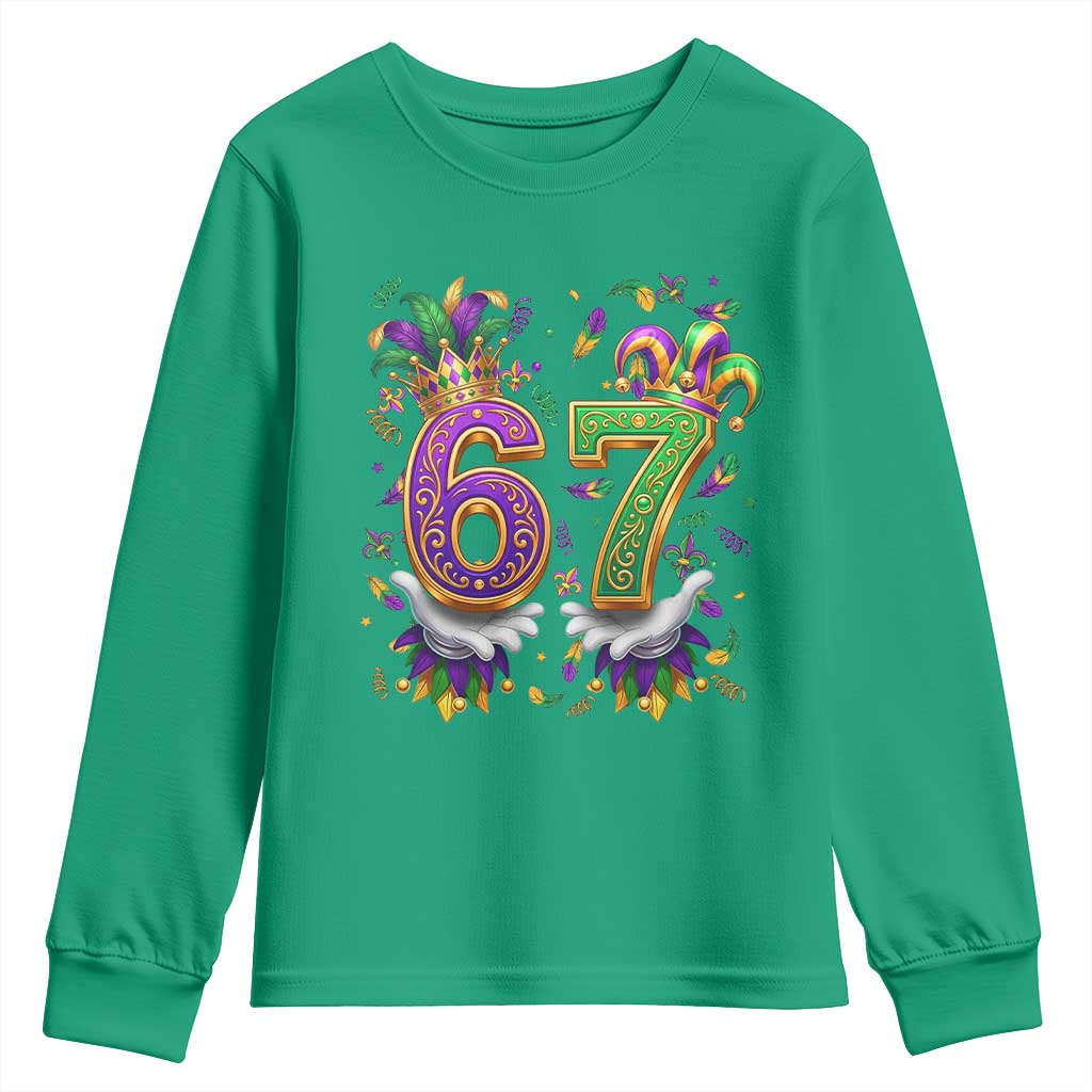 Funny 67 Mardi Gras Youth Sweatshirt Six Seven Meme Carnival Hand Gesture