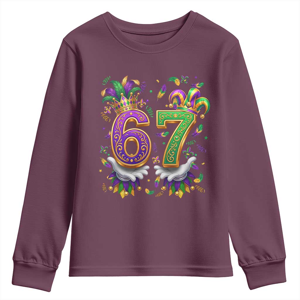 Funny 67 Mardi Gras Youth Sweatshirt Six Seven Meme Carnival Hand Gesture