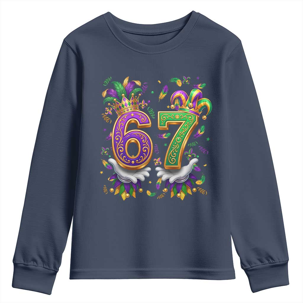 Funny 67 Mardi Gras Youth Sweatshirt Six Seven Meme Carnival Hand Gesture