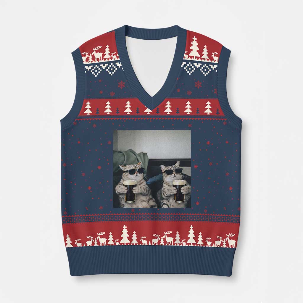 Funny Cat Drinking Irish Stout Beer V-Neck Knit Sweater Vest Black Beer and Cat Lovers