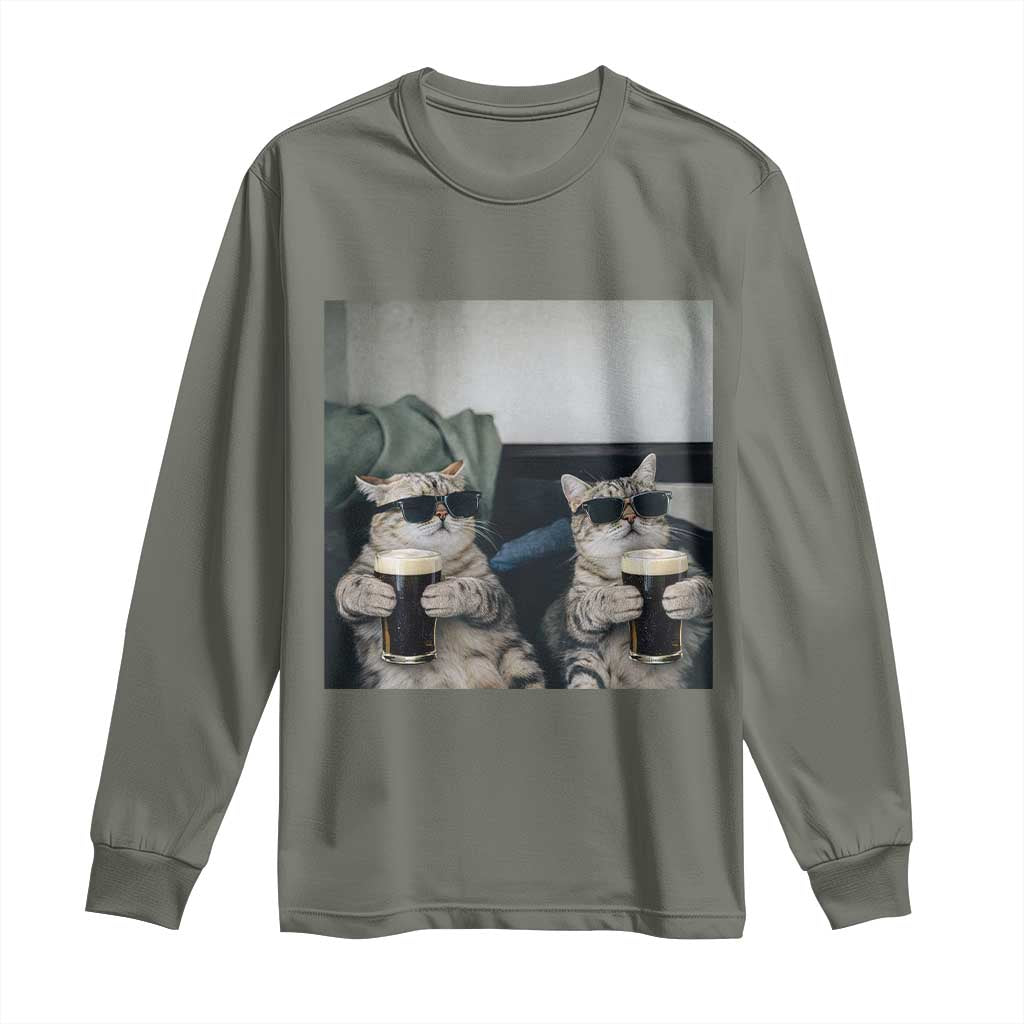 Funny Cat Drinking Irish Stout Beer Long Sleeve Shirt Black Beer and Cat Lovers