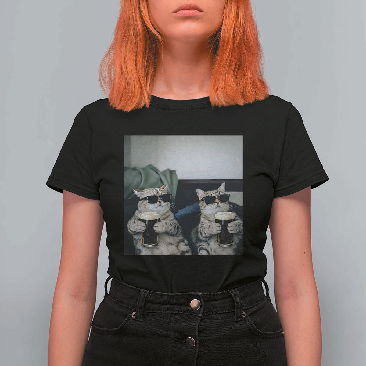 Funny Cat Drinking Irish Stout Beer T Shirt For Women Black Beer and Cat Lovers