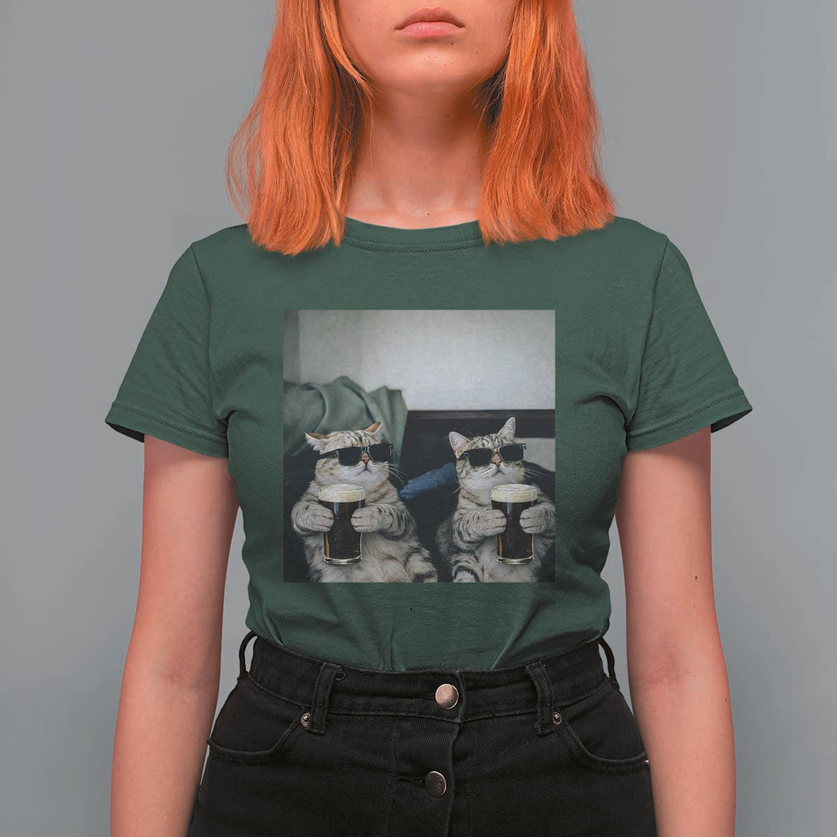 Funny Cat Drinking Irish Stout Beer T Shirt For Women Black Beer and Cat Lovers