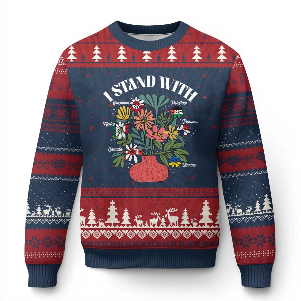 I Stand With Canada Greenland Mexico Panama Gaza Ukraine Ugly Christmas Sweater Retro Floral