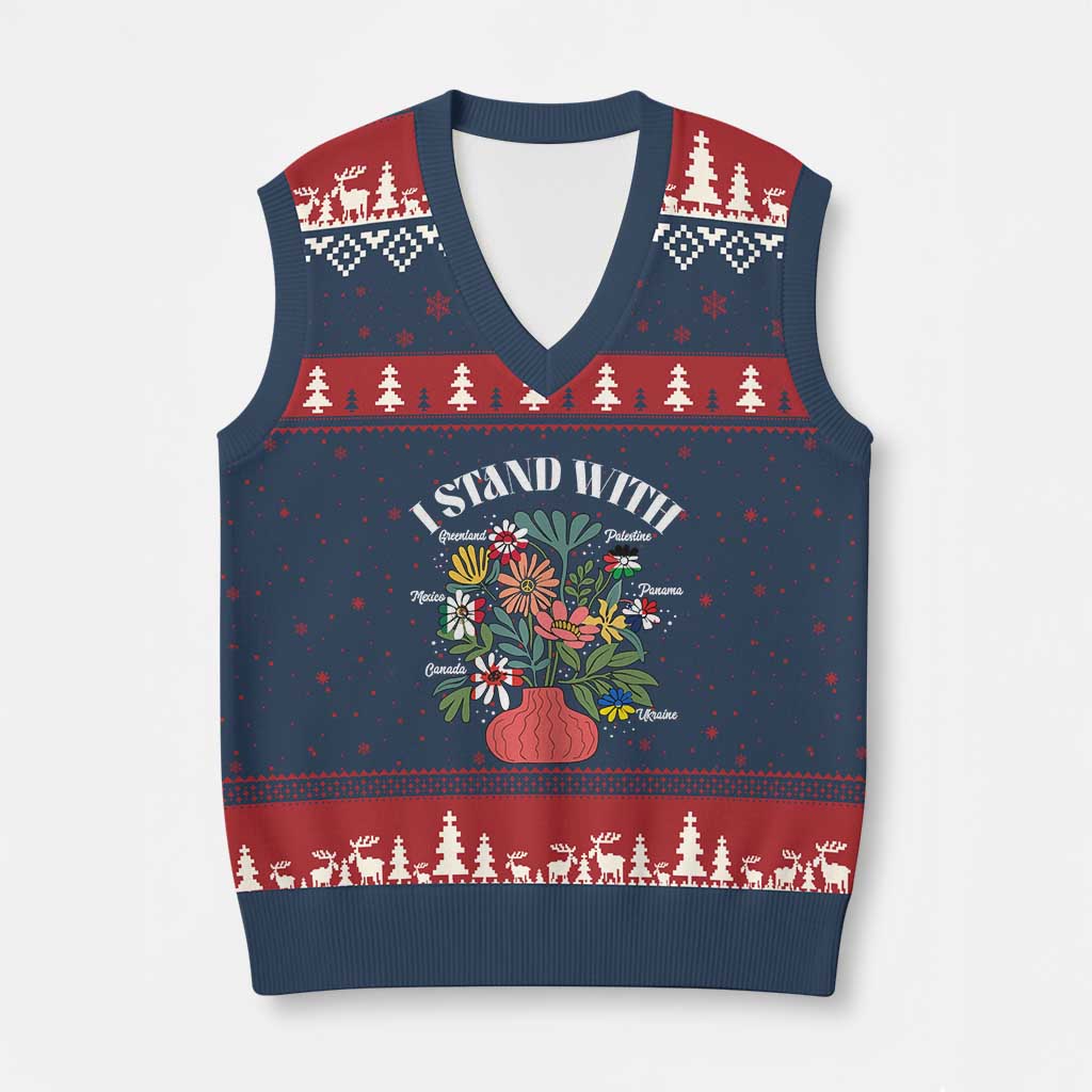 I Stand With Canada Greenland Mexico Panama Gaza Ukraine V-Neck Knit Sweater Vest Retro Floral